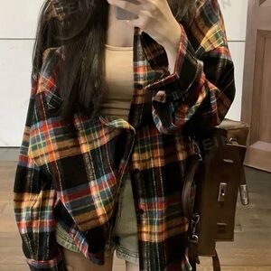 Women's Plaid Loose Fit Drop Shoulder Long Sleeve Casual